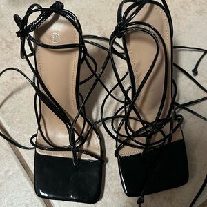 Clear Heel Black Strap Sandals